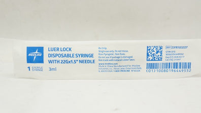 Medline SYR103227 Luer Lock Disposable Syringe With 22G x 1.5inch Ndle